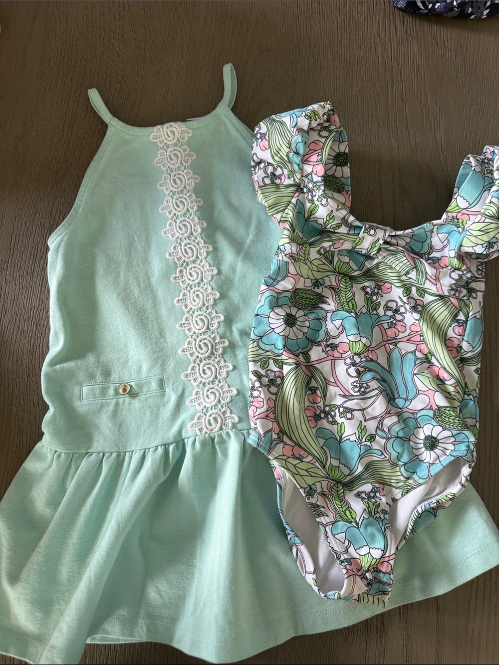Size 5 Girls Light Mint Ruffle Hem Tank Dress and bathing suit